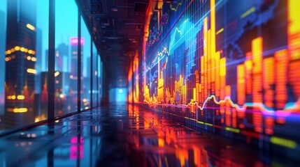 A futuristic stock market trading floor with glowing graphs and charts.