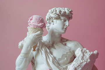 Antique statue eating pink ice cream. Summer vacation concept. Generative AI