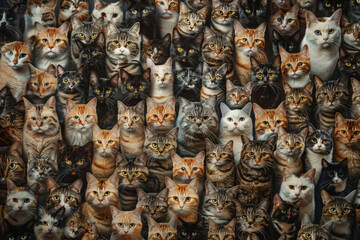 Variety of cats closely grouped together. Cats pattern. Generative AI