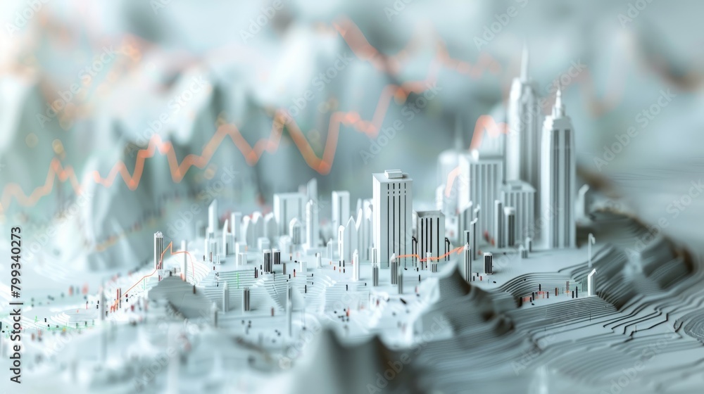 Poster a grayscale 3d rendering of a city. the buildings are simple geometric shapes, and the city is arran