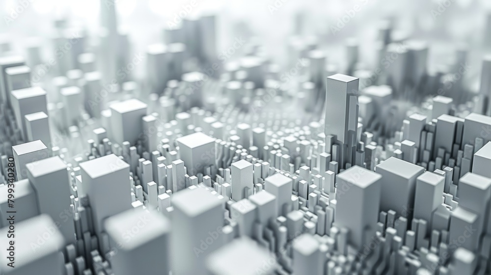 Poster a grayscale image of a city made of blocks with one tower in the middle.