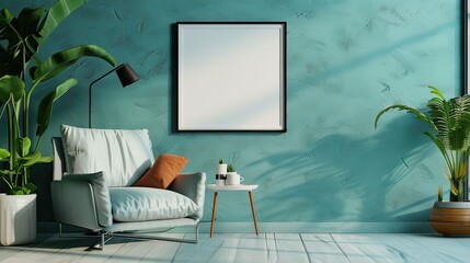 blank picture frame mockup on a wall vertical frame mockup in modern minimalist interior with plant in trendy vase on wall background, Template for painting, photo or poster