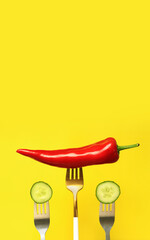 Red pepper and cucumber on forks, yellow background. Hot red pepper and vegetables for salad on a yellow background. Food and fresh vegetables concept