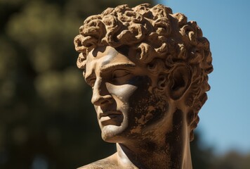 Close-up of a classical statue head with intricate details - obrazy, fototapety, plakaty