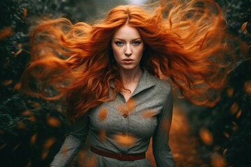 Fiery Red Hair Woman in Autumn Forest