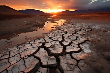 Sunset over a cracked desert landscape