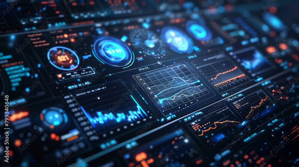 Poster a highly detailed futuristic user interface with multiple screens displaying various graphs, readout