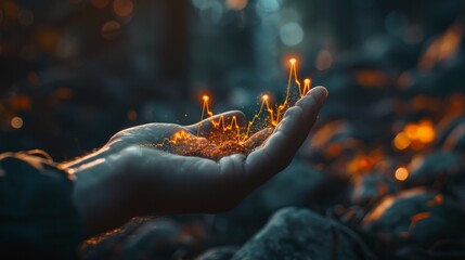 A hand holding a glowing orange crystal in the palm of their hand. The crystal is made of glowing orange particles that are flowing like liquid. The background is dark with a slight hint of green.