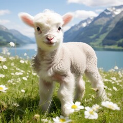 Obraz premium Adorable lamb standing in a mountain meadow