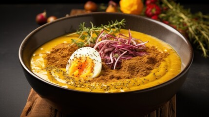 Delicious gourmet soup with egg and spices served in a bowl