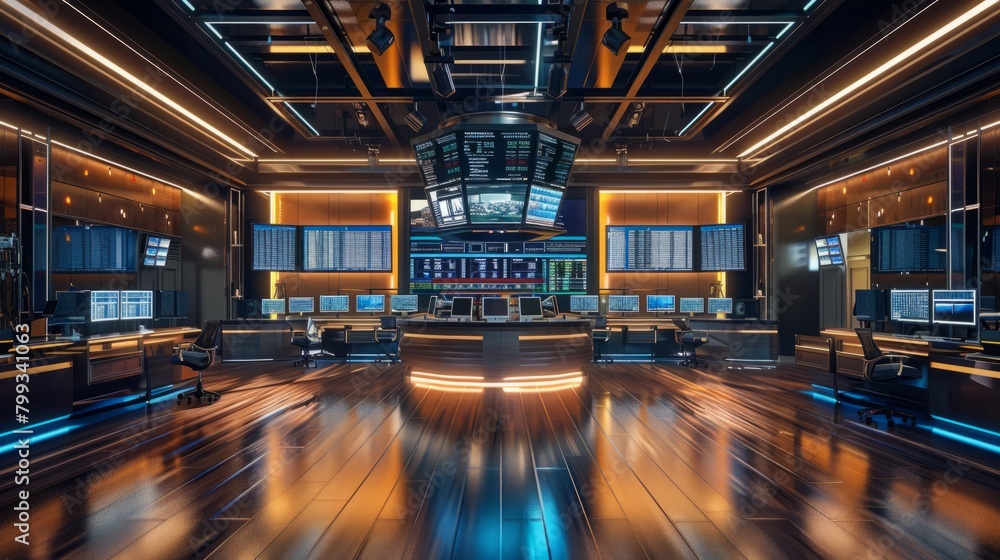 Poster the interior of a futuristic trading room with a large curved display and multiple workstations.