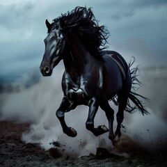 Black handsome stallion rushing forward kicking up dust voru