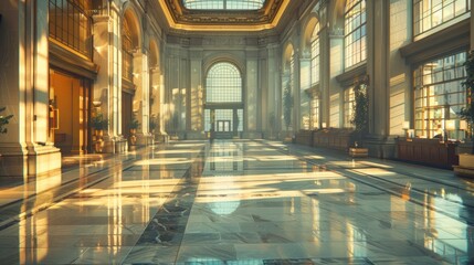 The interior of a large, opulent bank with marble floors and columns, and a coffered ceiling. - obrazy, fototapety, plakaty