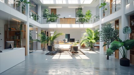 The interior of a modern office space with a lot of plants