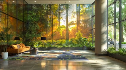 The lobby of a modern office building with a large mural of a forest on the wall