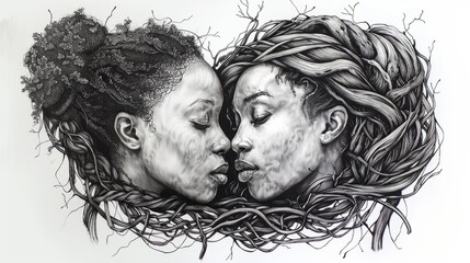 Two black women with natural hair, facing each other with eyes closed. The background is white.