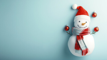 Christmas and New Year banner with snowman on a light background and copy space - obrazy, fototapety, plakaty