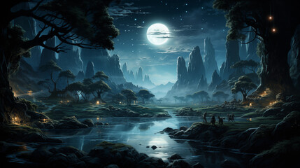 Fantasy art landscape with moon and planets.