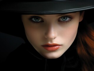 Mysterious woman in a black hat with intense gaze