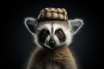 Portrait of a Lemur Wearing a Hat on a Dark Background