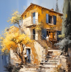 Fototapeta na wymiar Painting depicting a stunning Mediterranean house and landscape