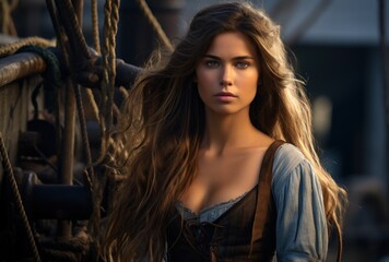 Fototapeta premium Mysterious woman on an old ship at sunset