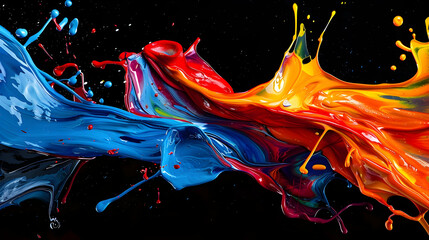 multi-colored splashes of acrylic paints on a black background, background for art courses banner	