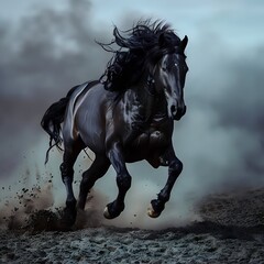 Black handsome stallion rushing forward kicking up dust voru