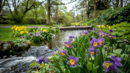 Fototapeta premium Purple flowers bloom by stream