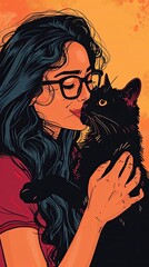 A woman affectionately cuddles with her black cat