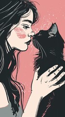 A woman affectionately nuzzles her forehead against a black cat