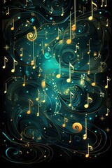 Abstract Musical Notes on a Swirling Dark Background