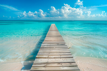 Dock on tropical beach with turquoise waters.
