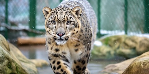 Fototapeta premium Snow Leopard Approaching in a Snowy Habitat