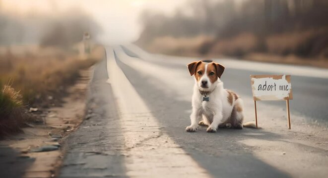a cute dog on the side of empty road, there's a sign on the side with the letters "adopt me"

