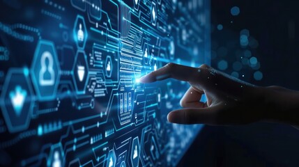 technology concept. Human hand touching a button on a transparent hologram screen.