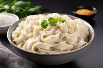Fresh cooked pasta in a bowl garnished with parsley