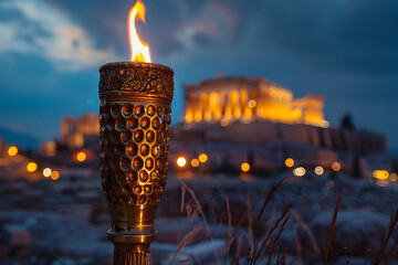 Olympic Flame and Parthenon in Athens Cityscape