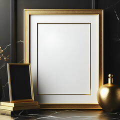 Vintage Elegant Retro Style Thick and Baroque Vertical Rectangle Gold Frame Mockup Sitting on a...
