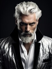 Elegant senior man with silver hair posing in stylish metallic jacket