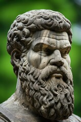 Close-up of an ancient philosopher's statue with intricate details