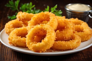 Crispy golden onion rings served with dipping sauce