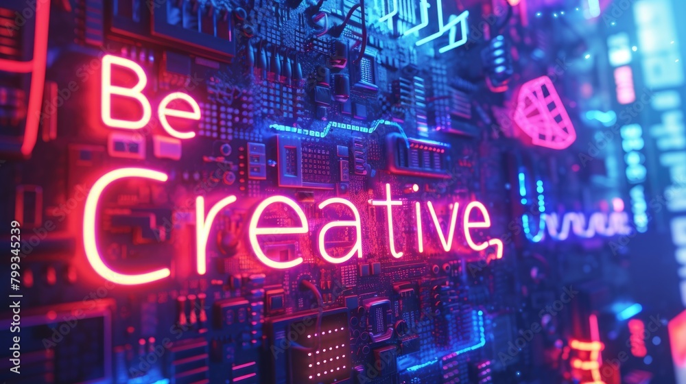 Poster letter of be creative in variant texture with bright light neon color in futuristic design with 3d d