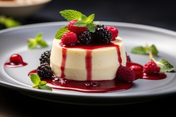 Elegant Dessert Topped with Berries and Mint on a Dark Background