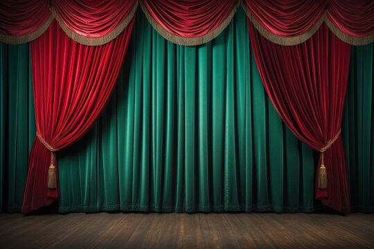 Elegant theater stage with red and green velvet curtains