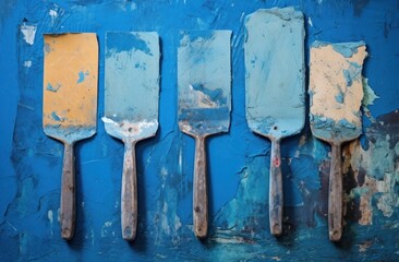 Row of Used Paint Scrapers on a Blue Background
