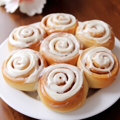Freshly baked cinnamon rolls with creamy icing on a plate