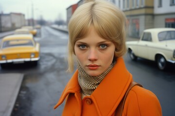Young woman in orange coat on a vintage city street