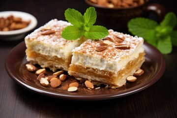 Delicious layered dessert topped with nuts and mint