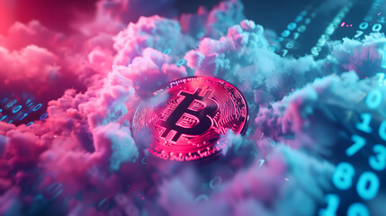  Bitcoin symbol surrounded by pink and blue smoke with binary code in the background